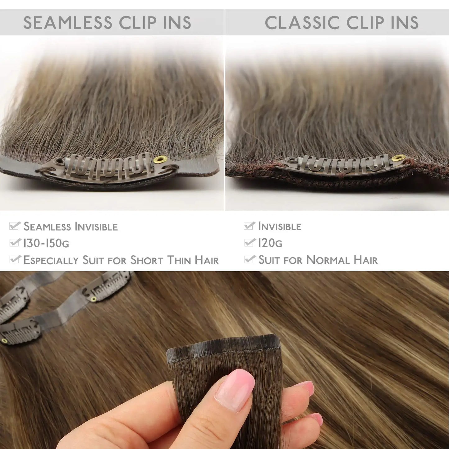 Seamless PU Clip Hair Extensions Human Hair Invisible Balayage Ombre