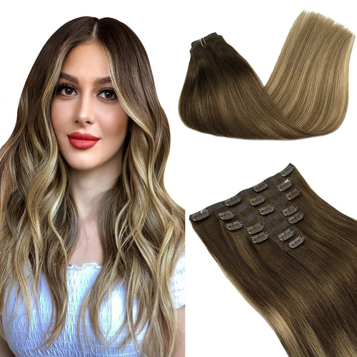 Seamless PU Clip Hair Extensions Human Hair Invisible Balayage Ombre