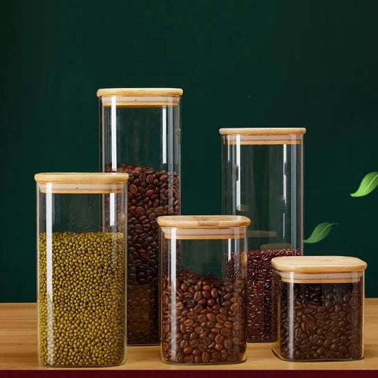 Square Glass Storage Jars with Bamboo Lid for Coffee Beans Grains