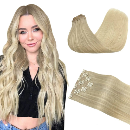 Seamless PU Clip Hair Extensions Human Hair Invisible Balayage Ombre