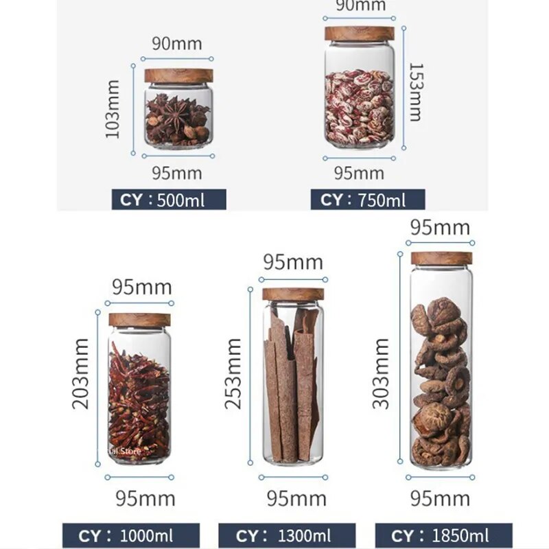 Wood Lid Glass Airtight Canister Kitchen Storage Bottles Jars Food