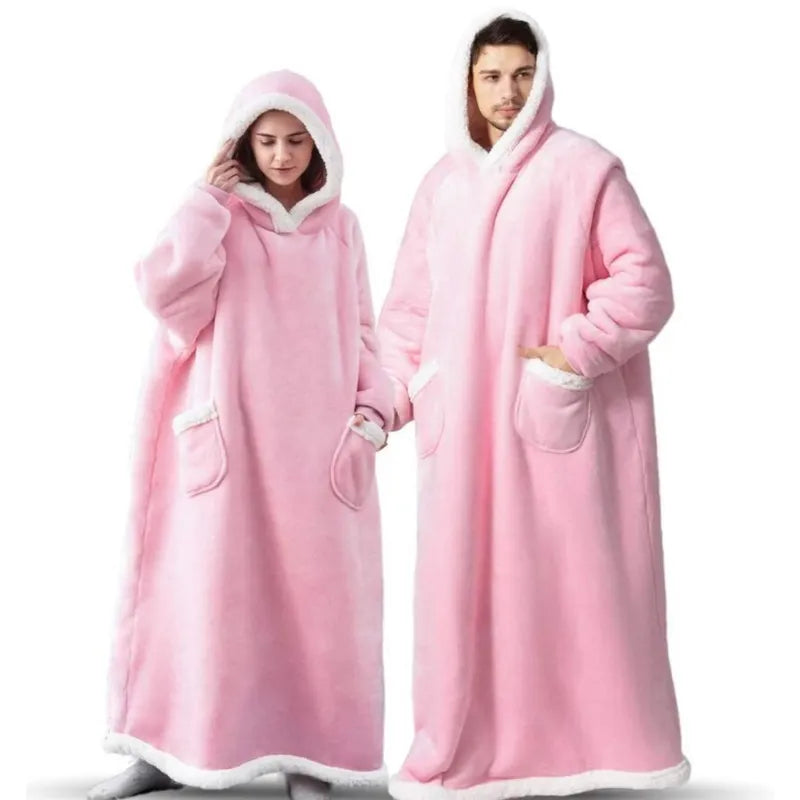 Super Long Flannel Blanket with Sleeves Winter Hoodies Nightgown Women
