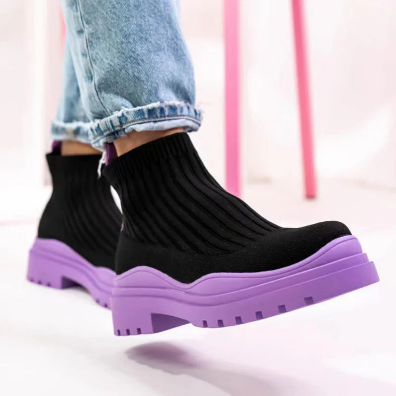 Women Ankle Boots Knitted Sock Platform Female Slip-on Ladies Casual