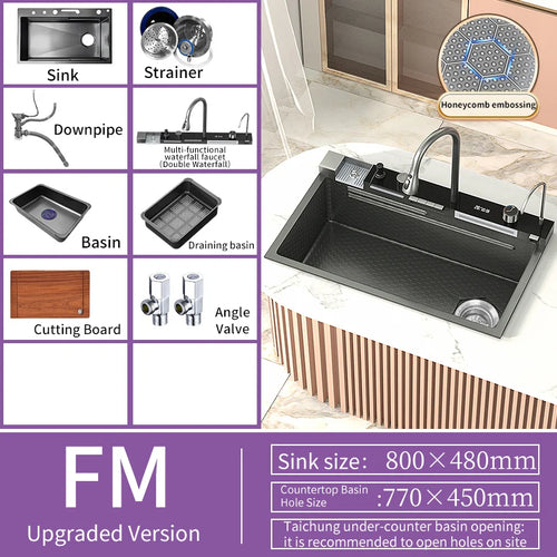 Stainless Steel Sink Smart kitchen Sink Large Cuba Waterfall Faucet