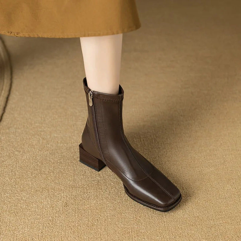 Square Toe Women Ankle Boots Flock Stretch Shoes Thin Mid Heels