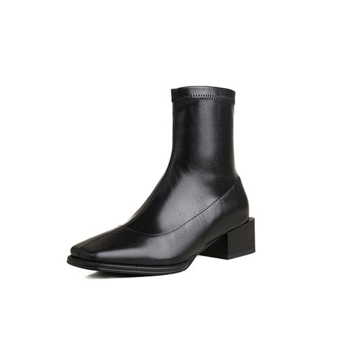 Square Toe Women Ankle Boots Flock Stretch Shoes Thin Mid Heels