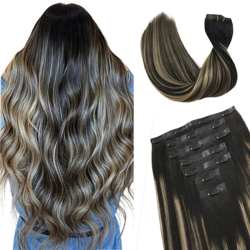 Seamless PU Clip Hair Extensions Human Hair Invisible Balayage Ombre