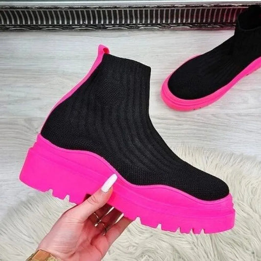 Women Ankle Boots Knitted Sock Platform Female Slip-on Ladies Casual