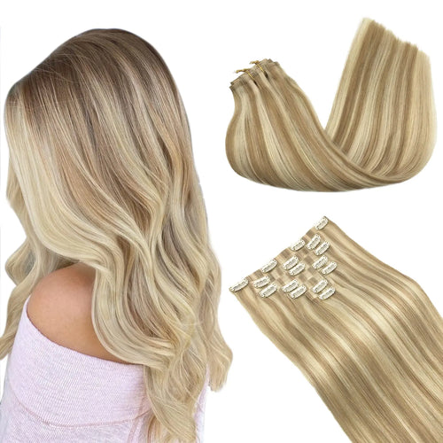 Seamless PU Clip Hair Extensions Human Hair Invisible Balayage Ombre