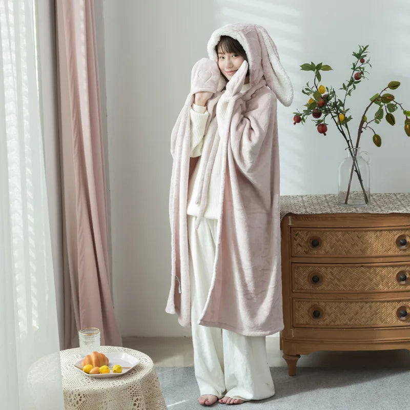 Hooded Cloak Blankets Comfortable for Picnic Travel Fleece Wearable