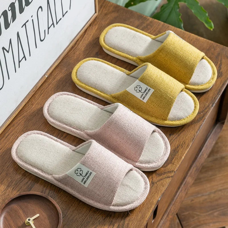 2024 Hot Linen Slippers Women Men Spring Autumn Home Flip Flops Thick