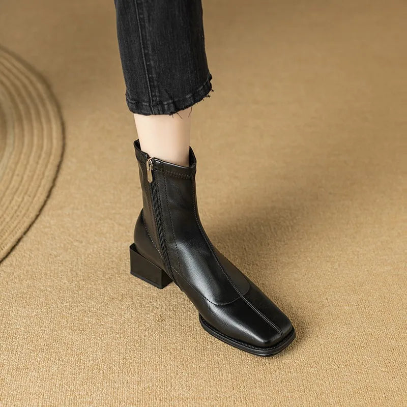 Square Toe Women Ankle Boots Flock Stretch Shoes Thin Mid Heels