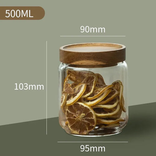 Wood Lid Glass Airtight Canister Kitchen Storage Bottles Jars Food