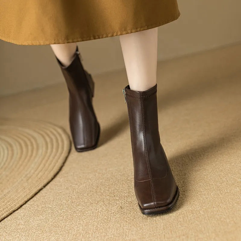Square Toe Women Ankle Boots Flock Stretch Shoes Thin Mid Heels