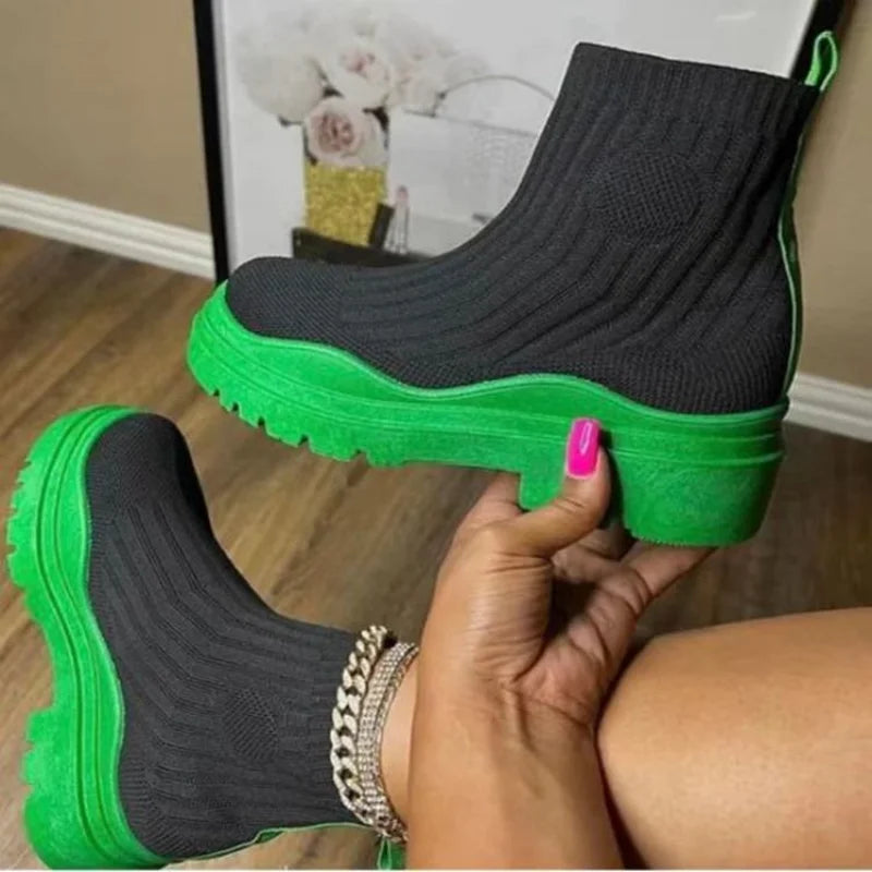 Women Ankle Boots Knitted Sock Platform Female Slip-on Ladies Casual