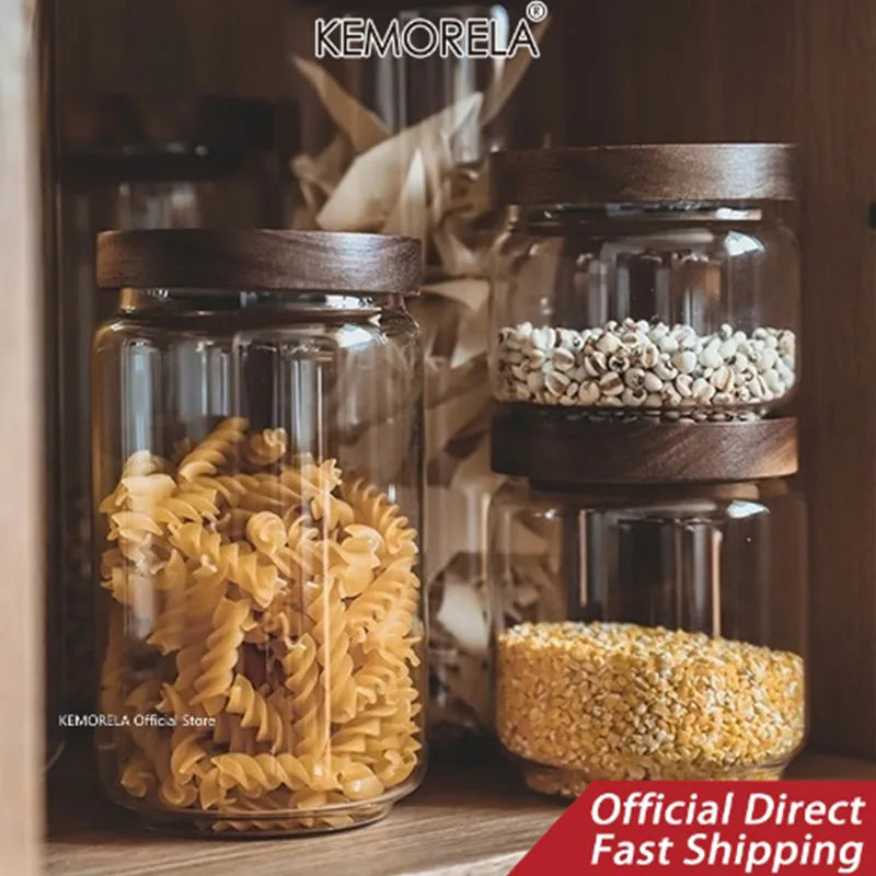 Wood Lid Glass Airtight Canister Kitchen Storage Bottles Jars Food