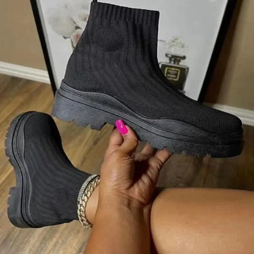 Women Ankle Boots Knitted Sock Platform Female Slip-on Ladies Casual