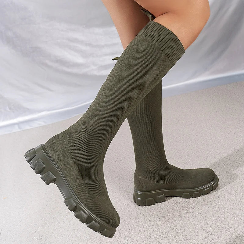 Knitted Stretch Sock Boots Platform Woman Knee High Boots Autumn