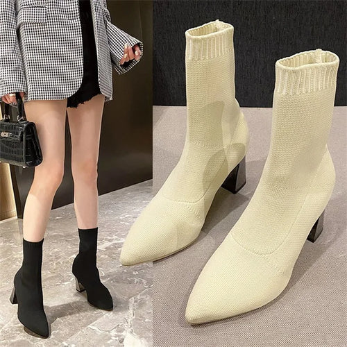 Thin boots high heels short boots elastic knitted socks  boots