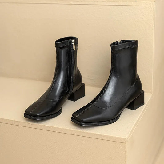 Square Toe Women Ankle Boots Flock Stretch Shoes Thin Mid Heels