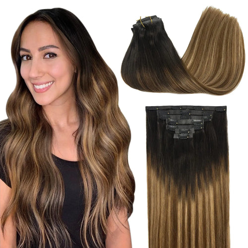 Seamless PU Clip Hair Extensions Human Hair Invisible Balayage Ombre