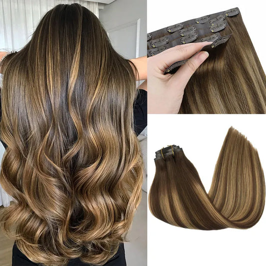 Seamless PU Clip Hair Extensions Human Hair Invisible Balayage Ombre