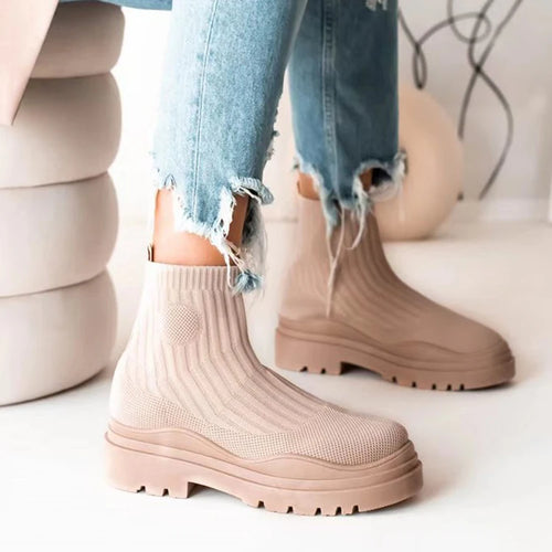 Women Ankle Boots Knitted Sock Platform Female Slip-on Ladies Casual