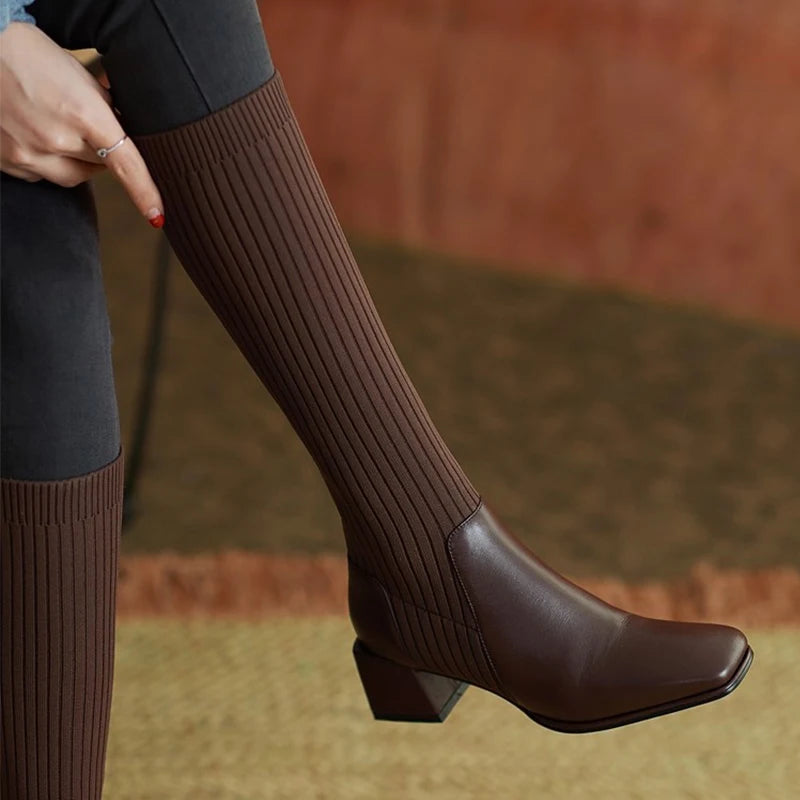 Women Mid Heels Shoes Chunky Knitting Chelsea Boots Fashion Winter
