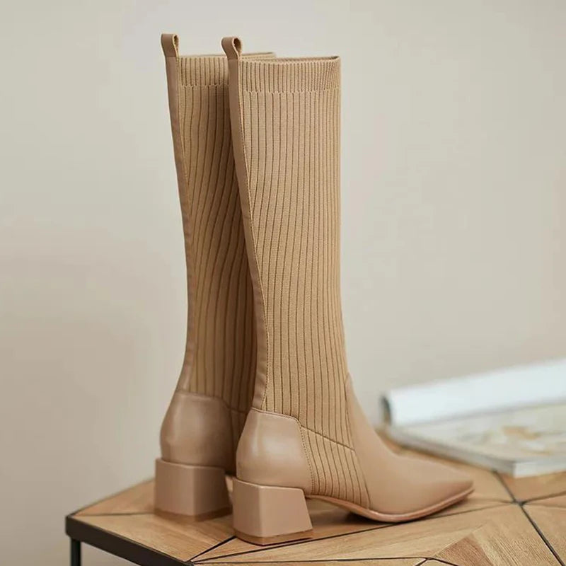 Women Mid Heels Shoes Chunky Knitting Chelsea Boots Fashion Winter