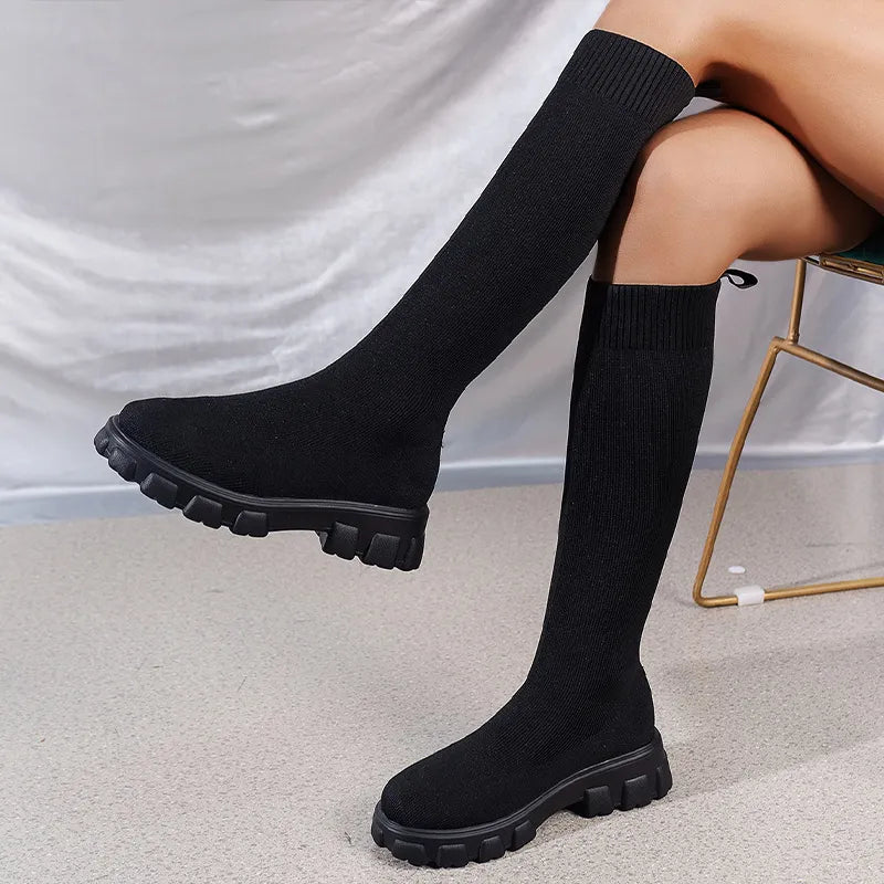 Knitted Stretch Sock Boots Platform Woman Knee High Boots Autumn