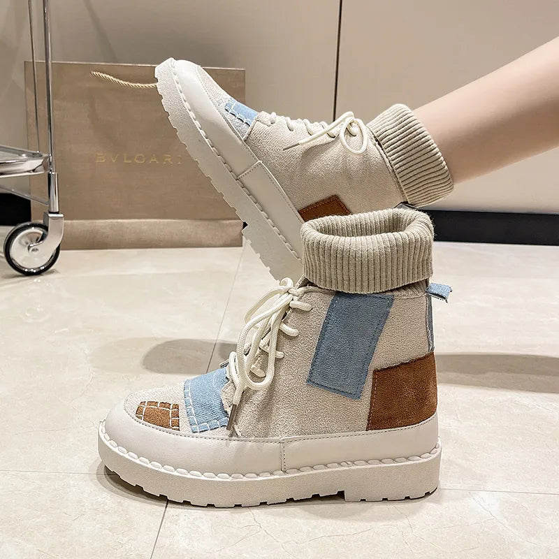 New Women's Boots Canvas Shoes Color Blocking Platform Boots Fashion