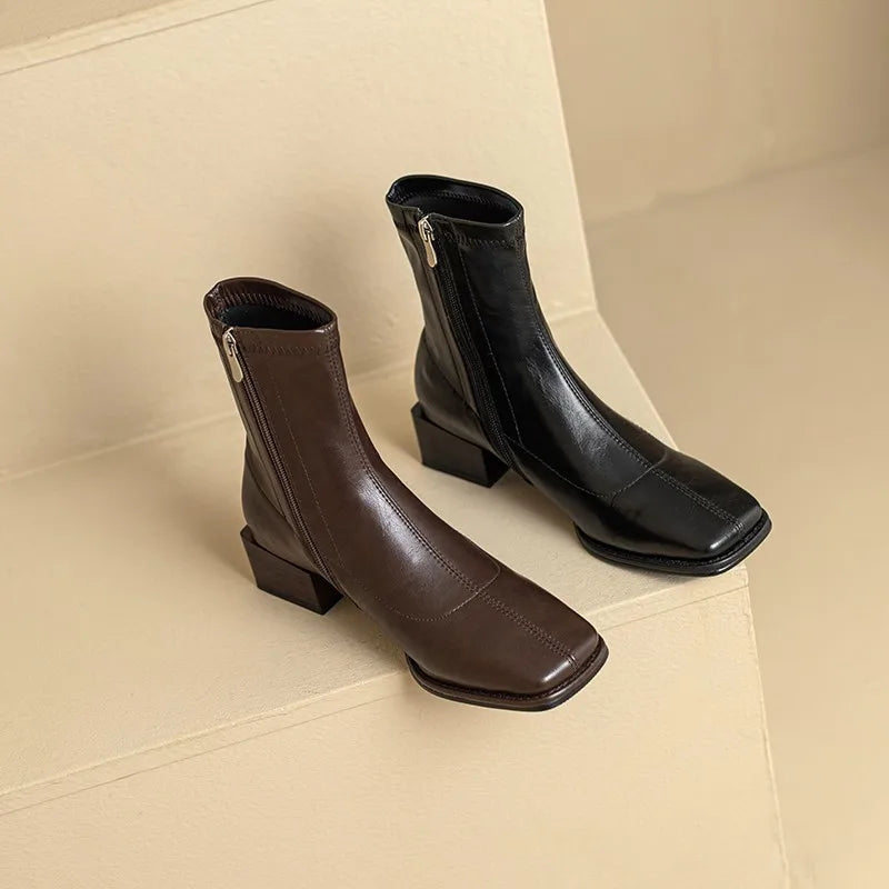Square Toe Women Ankle Boots Flock Stretch Shoes Thin Mid Heels
