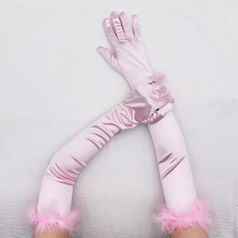 Sexy 53cm Elastic Full Finger Long Silk Satin Dance Party Cuff Feather