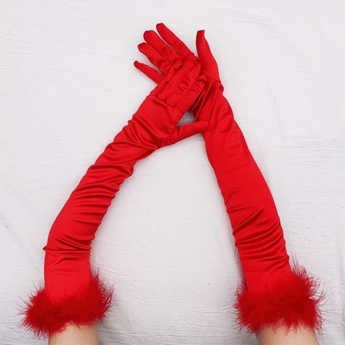 Sexy 53cm Elastic Full Finger Long Silk Satin Dance Party Cuff Feather