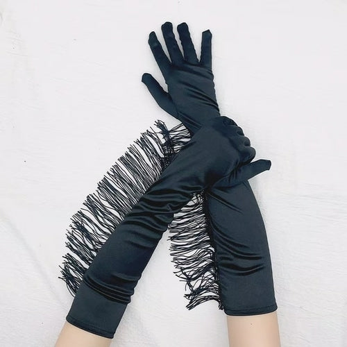Sexy 53cm Elastic Full Finger Long Silk Satin Dance Party Cuff Feather