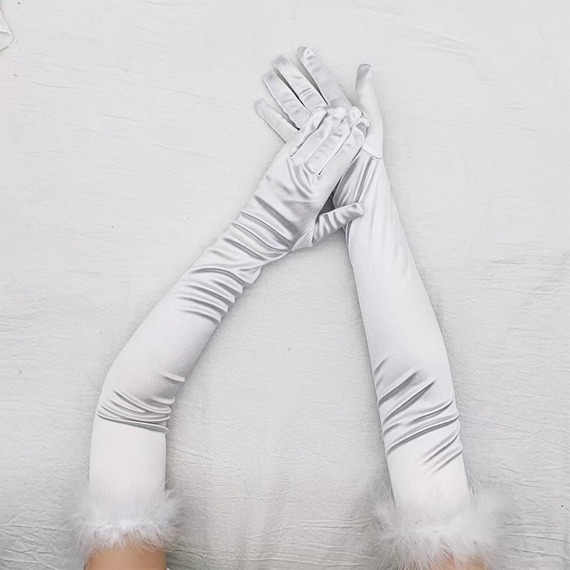 Sexy 53cm Elastic Full Finger Long Silk Satin Dance Party Cuff Feather