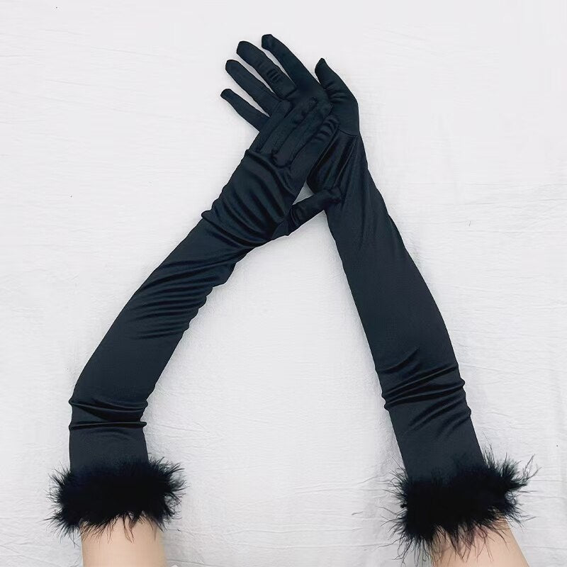 Sexy 53cm Elastic Full Finger Long Silk Satin Dance Party Cuff Feather