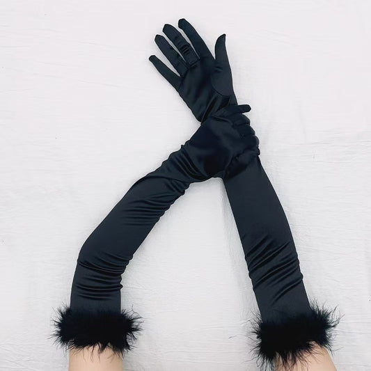 Sexy 53cm Elastic Full Finger Long Silk Satin Dance Party Cuff Feather