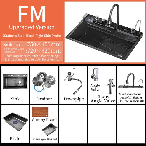 Stainless Steel Sink Smart kitchen Sink Large Cuba Waterfall Faucet