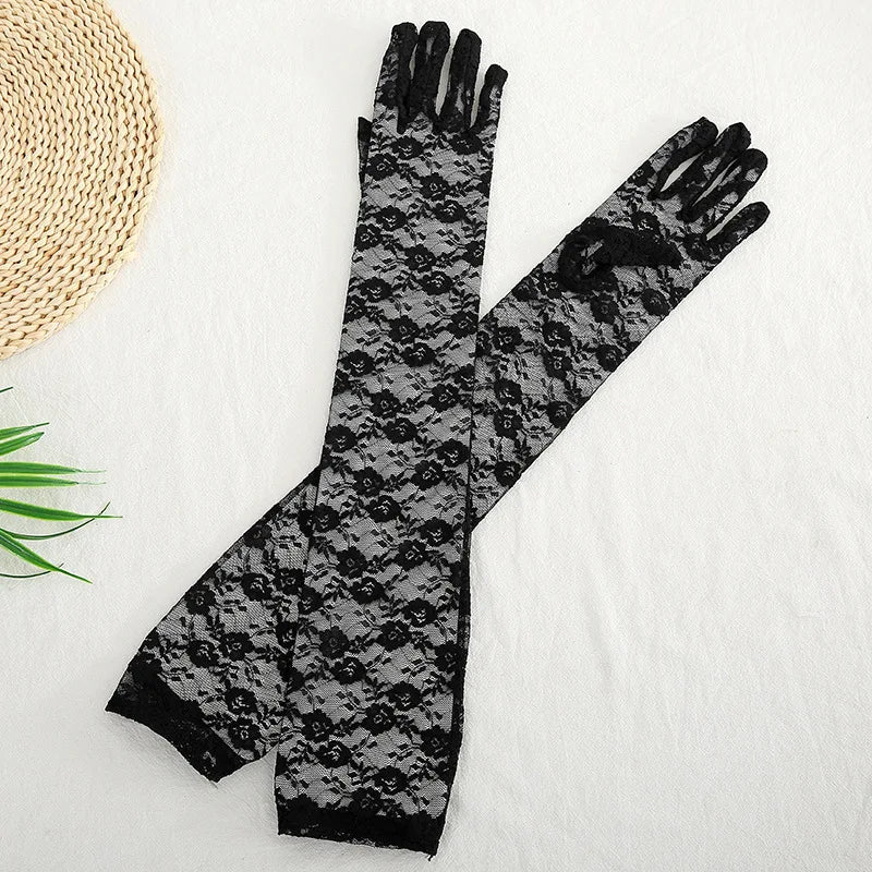 54cm Sexy Transparent Lace Flower Thin Women Long Gloves Opera Stage