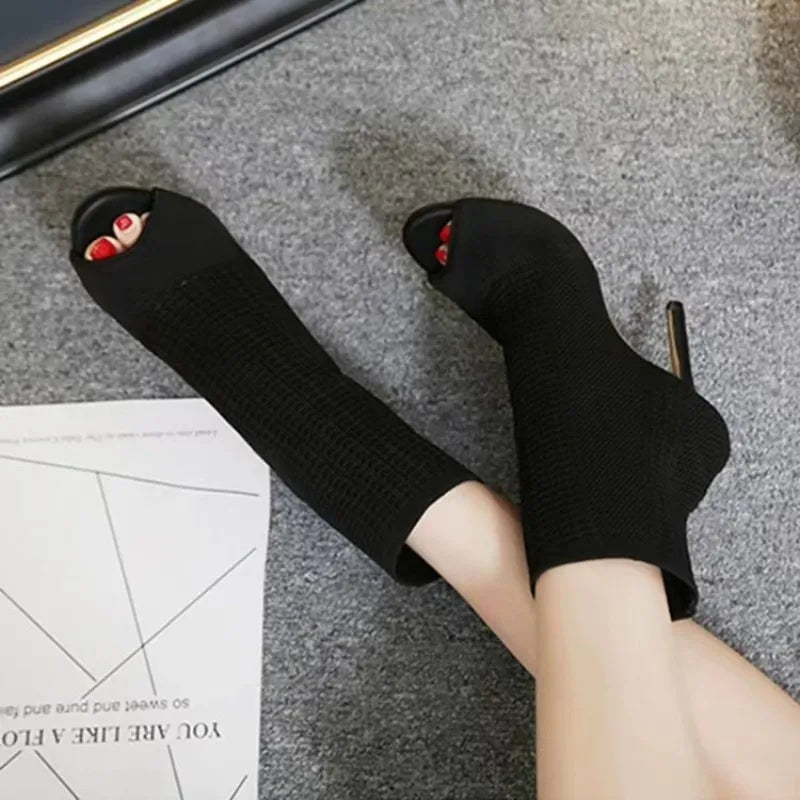 Green Knitting Elastic Womens Sock Ankle Boots Open Toe High Heels