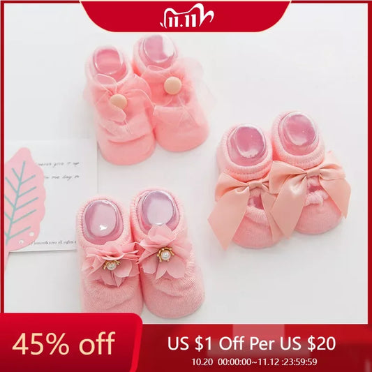 Baby Socks Infant Newborn Baby Girls 3Pcs/Set Slipper Non-slip Socks